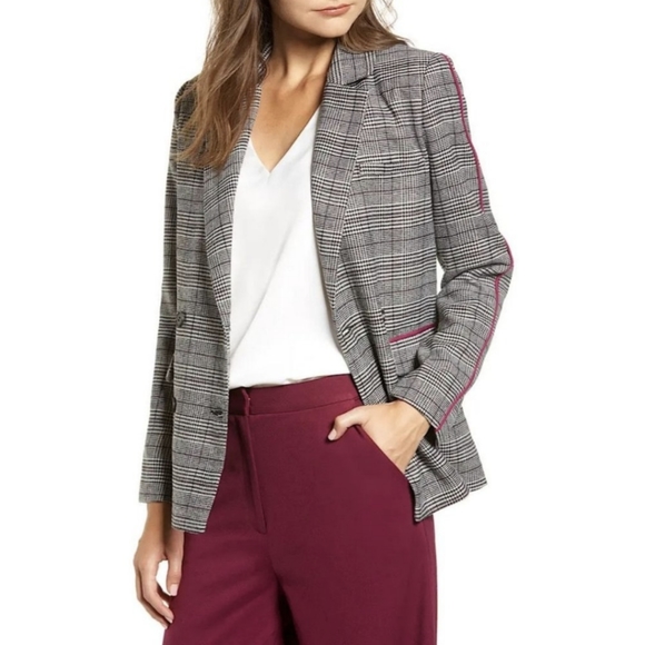 Chriselle Lim Collection Bianca Piped Houndstooth Blazer Grey Women's Small - Picture 2 of 10